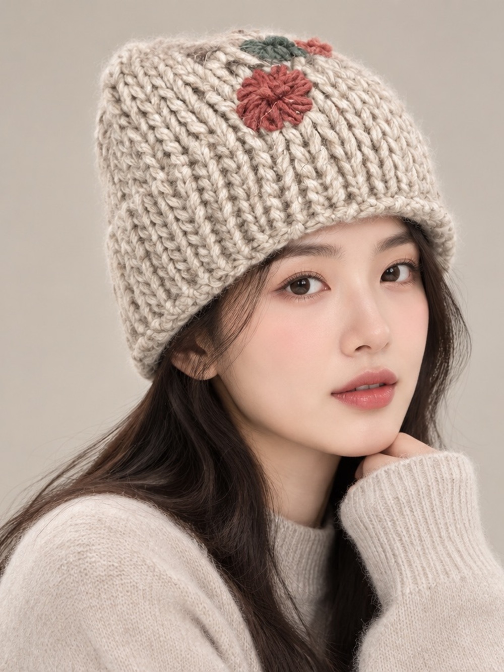 Chunky Knit Cream Beanie with Floral Embroidery